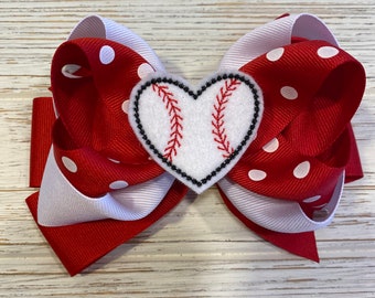 Baseball hair bow, Baseball hairbow, Baseball hair clip, Red hair bow, White hair bow, red and white hair bow