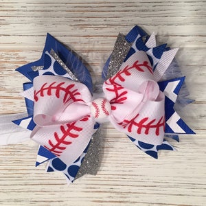 Baseball hair bow, Baseball hairbow, Baseball hair clip, Blue hair bow, Blue Baseball hair bow, red and white hair bow