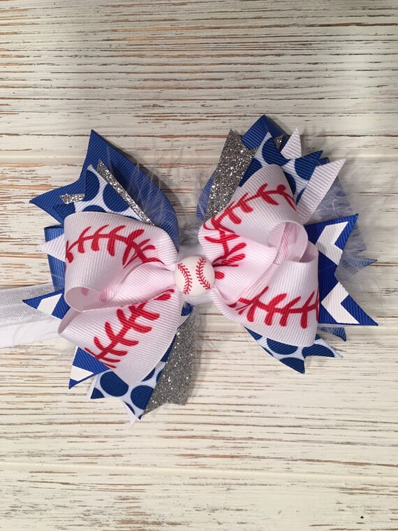 Baseball hair bow, Baseball hairbow, Baseball hair clip, Blue hair bow, Blue Baseball hair bow, red and white hair bow