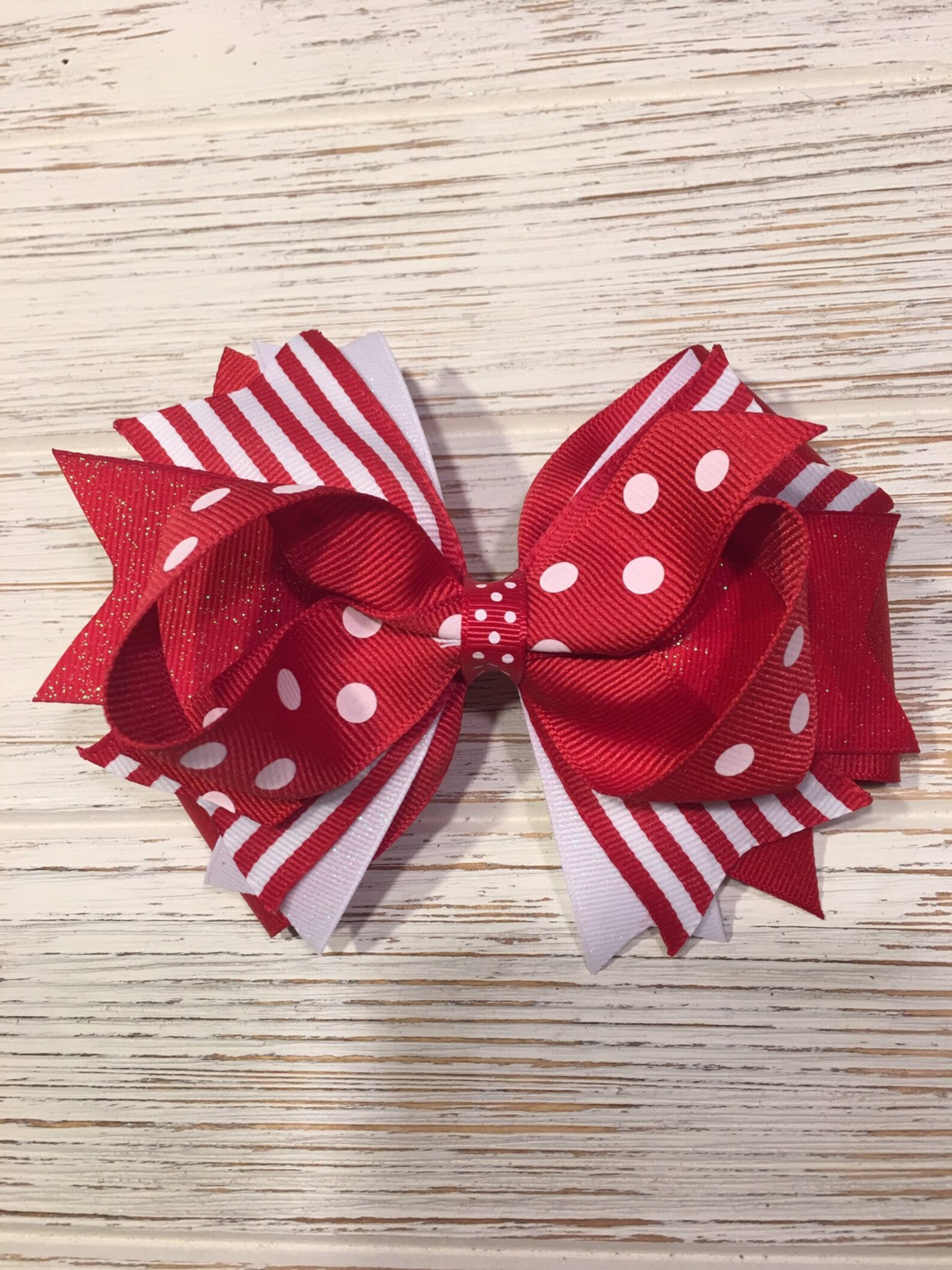 Red and white striped polka dot hair bow red and white hair | Etsy