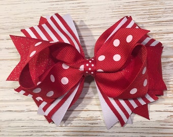 Red and white striped polka dot hair bow, red and white hair bow, red and white hairbow, red hair bow, Valentines hair bow, Red hairbow