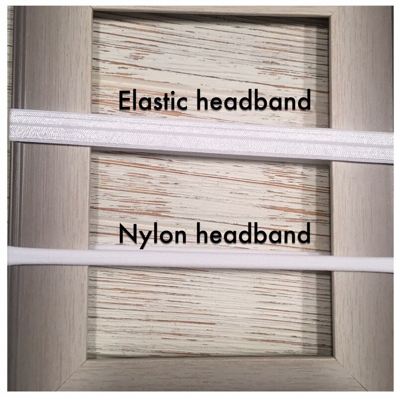 May include: Close-up of two white headbands, one labeled "Elastic headband" and the other labeled "Nylon headband".