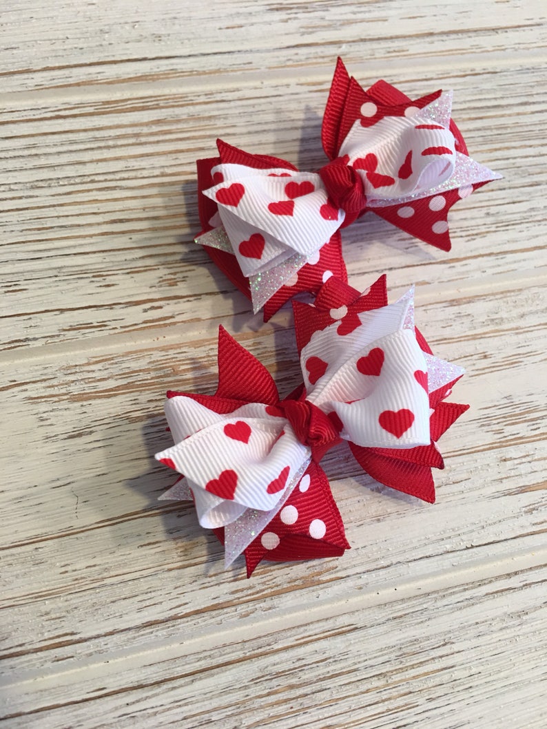 Red & White heart pig tail hair bow Valentines pigtail image 2