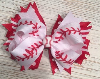 Baseball hair bow, Baseball hairbow, Baseball hair clip, Red hair bow, White hair bow, red and white hair bow