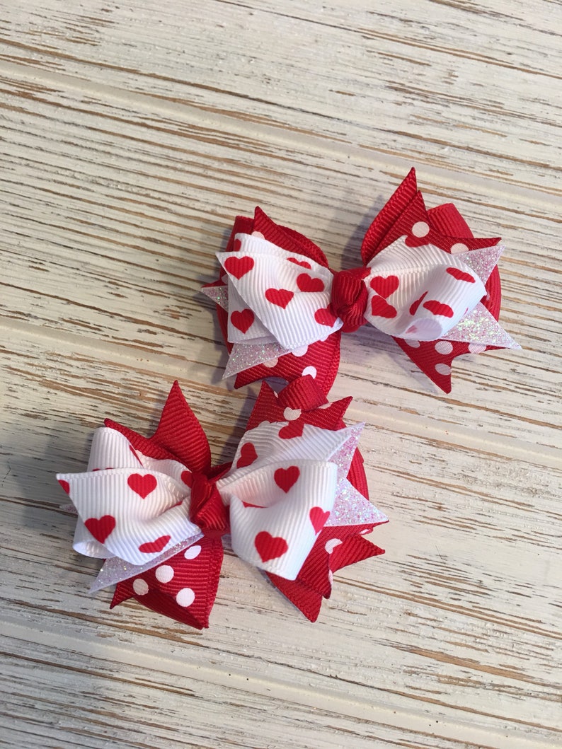 Red & White heart pig tail hair bow Valentines pigtail image 1