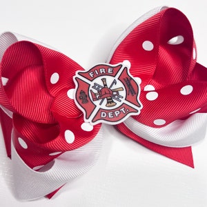 Fireman hair bow, firefighter hair bow, fireman hair clip, firefighter hair clip, red hair bow, polka dot hair bow, white hair bow, custom