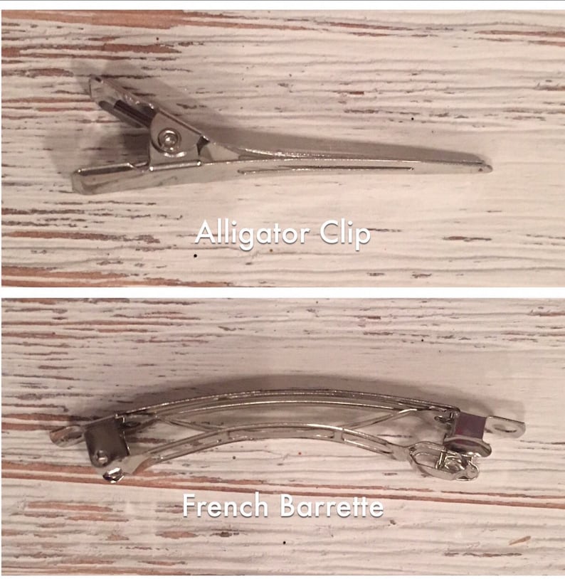 May include: Two types of hair clips: a silver alligator clip and a silver French barrette. The alligator clip is a simple, straight clip, while the French barrette is curved and has a more intricate design.