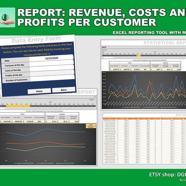 Business reporting tool in Excel: calculate the Turnover, the Profit and Cost per Customer
