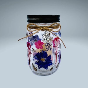Blooming Glow Jar votiefkaarshouder met gedroogde geperste bloemen en bevestigingskaart