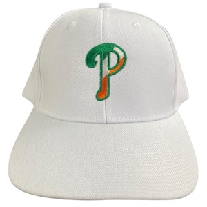 May include: A white baseball cap with a curved brim. The cap features an embroidered "P" logo in green, orange, and white on the front. The cap has a structured crown and a button on top.