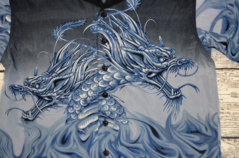 Vintage Hawaiian Dragon Shirt Mens 90s Dragonfly Blue Black Polyester Short Sleeves Loop Colla
