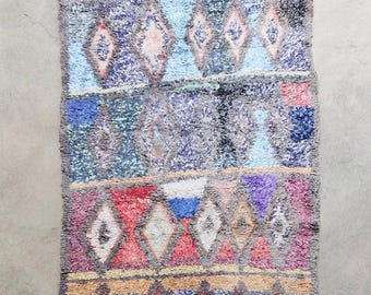 Handmade Vintage Boujad Boucherouite Rug – Handwoven Moroccan Wool and Cotton Rag Rug (3.5x6) - LAZY DAY