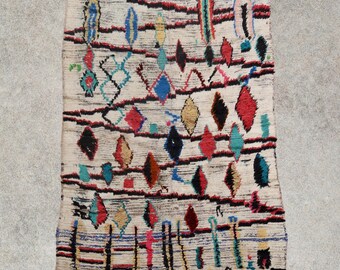 Vintage Rare Azilal Moroccan Rug – Cream Wool Rug with Colorful Diamonds (4x6) - FESTIVE