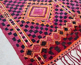 Handmade Rare Vintage Moroccan Rug – Plum Purple, Black, Orange Wool Rug (7x13) - SOIREE