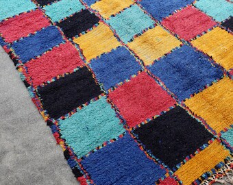 REALITY CHECK - Vintage Azilal Moroccan Rug (raspberry, aqua, black, blue, gold - 5 x 7 rug)