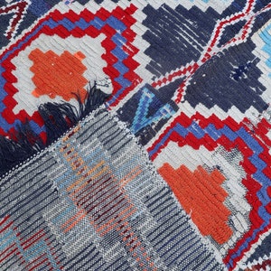 ZAINA Vintage Boujad Moroccan Rug blue with red, umber, orange, sky blue, pink, and cream 4x5.5 rug image 6