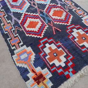 ZAINA Vintage Boujad Moroccan Rug blue with red, umber, orange, sky blue, pink, and cream 4x5.5 rug image 3