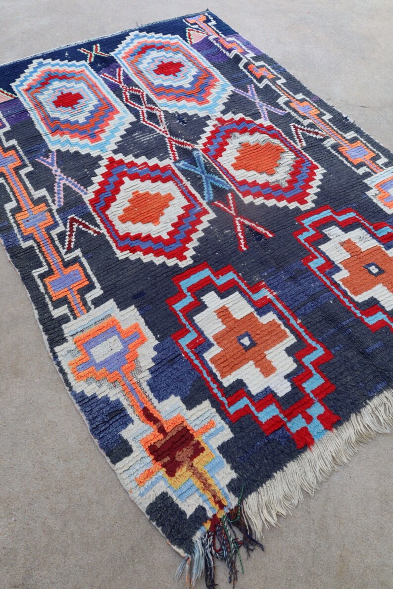 ZAINA Vintage Boujad Moroccan Rug blue with red, umber, orange, sky blue, pink, and cream 4x5.5 rug image 3