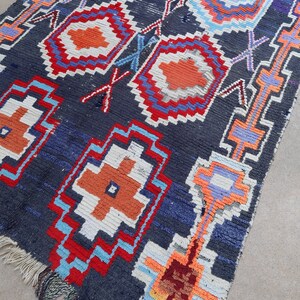 ZAINA Vintage Boujad Moroccan Rug blue with red, umber, orange, sky blue, pink, and cream 4x5.5 rug image 2