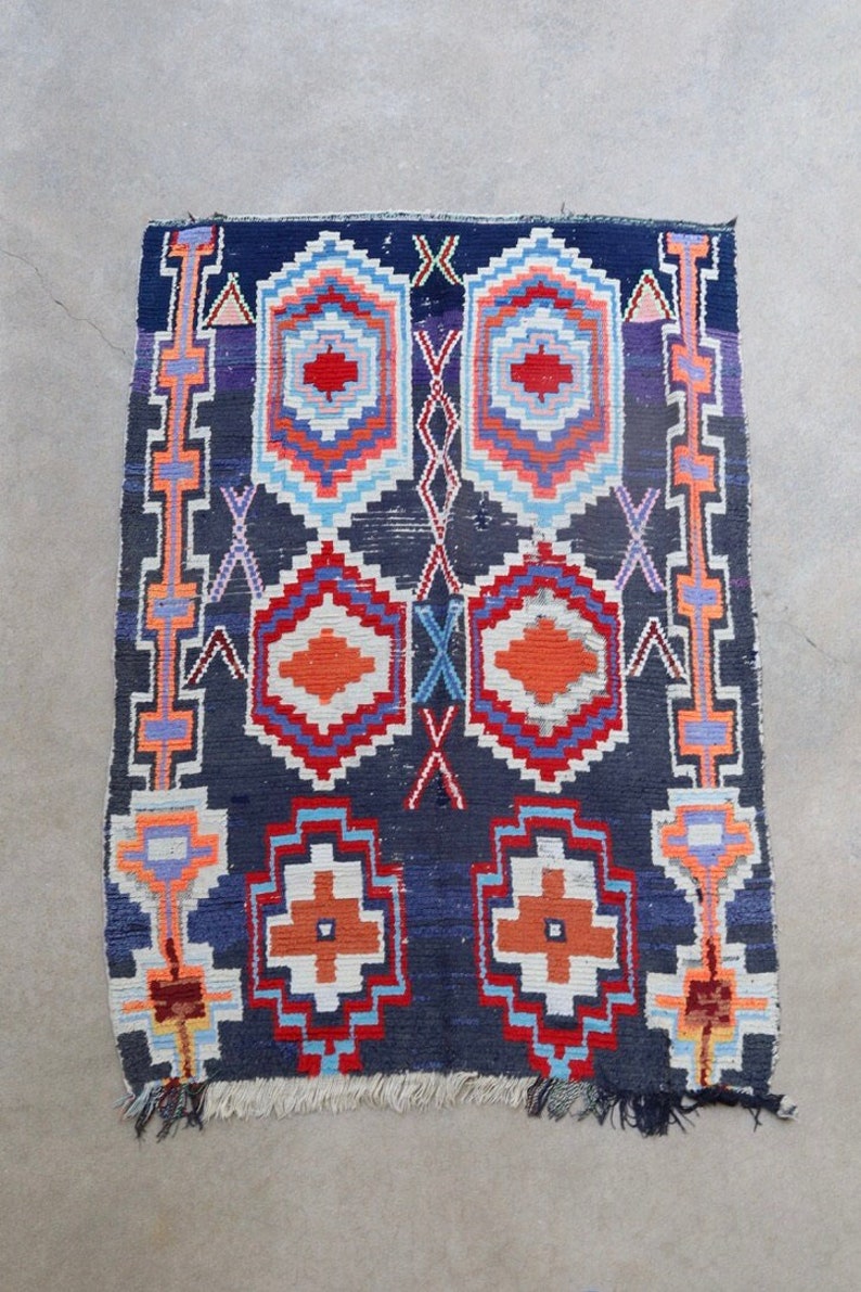 ZAINA Vintage Boujad Moroccan Rug blue with red, umber, orange, sky blue, pink, and cream 4x5.5 rug image 1