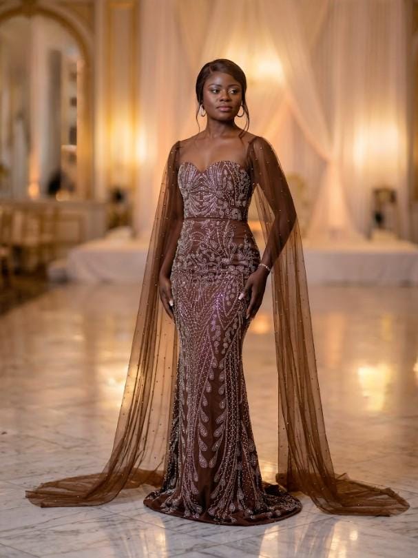 bronze colored evening dresses Beaded Bronze Formal Dress with Long Cape Sleeves Navy / 12 main image 0