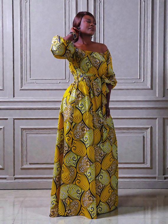 gold ankara dress Off-shoulder Maxi | Golden African Print Cotton Gown color: Greys