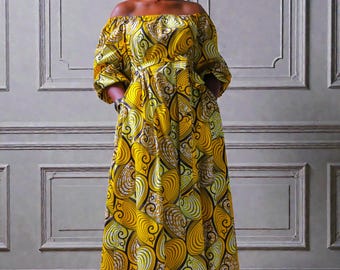 Off-Shoulder Ankara Maxi Dress | Golden African Print Cotton Gown
