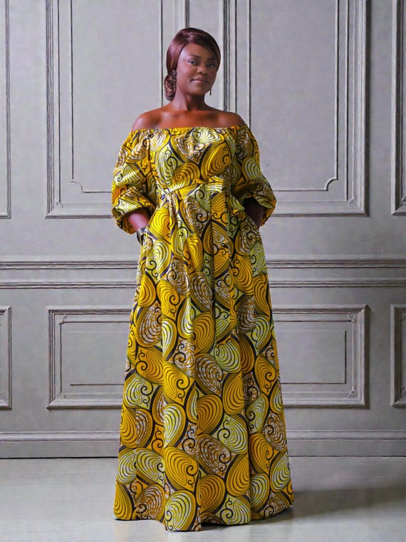 Off-shoulder Ankara Maxi Dress | Golden African Print Cotton Gown - Etsy