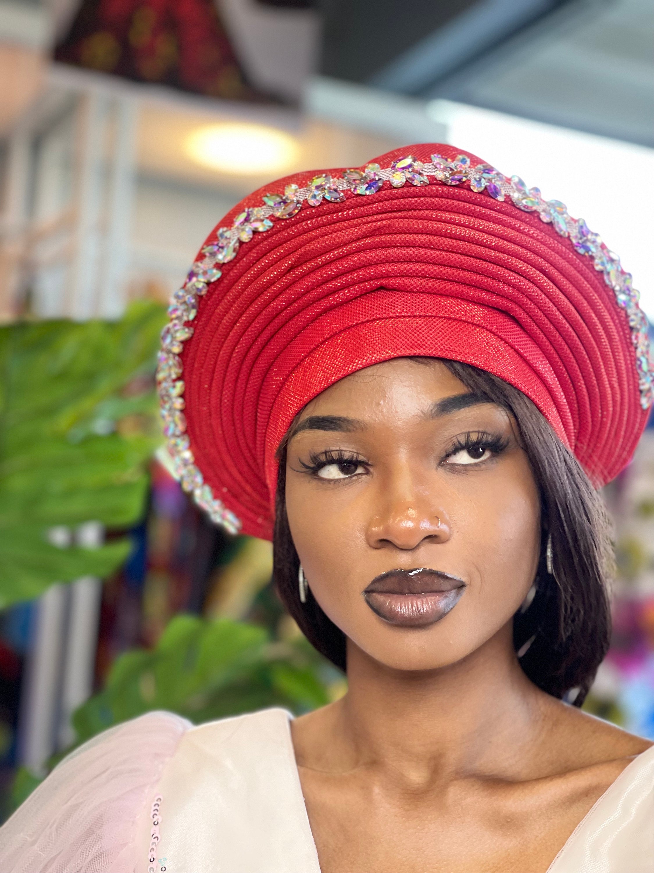 Embellished Red Gele Headwrap A Traditional African Muslim Gele Headwrap Featuring a Multi  main image 3