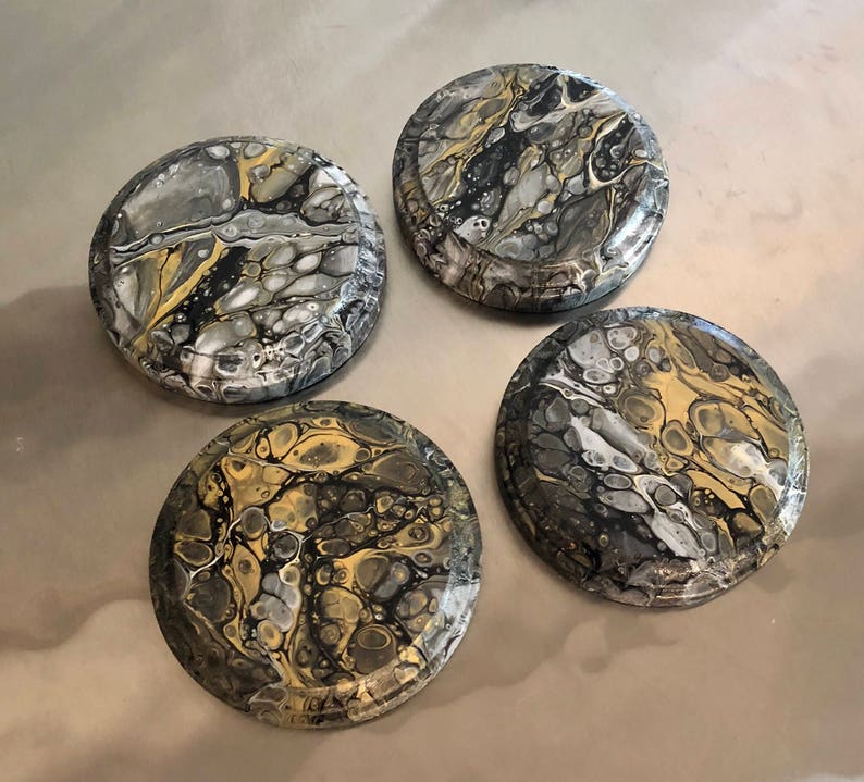 Set of Four Acrylic Pour Painting Coasters Wood Black White Etsy