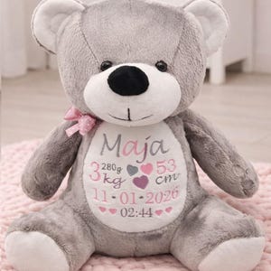 Może przedstawiać: Szary pluszowy miś z białym brzuchem, wyszyty imieniem "Maja", danymi urodzenia: 280g, 3kg, 53cm, datą i godziną. Miś ma różową kokardę i siedzi na różowej powierzchni.