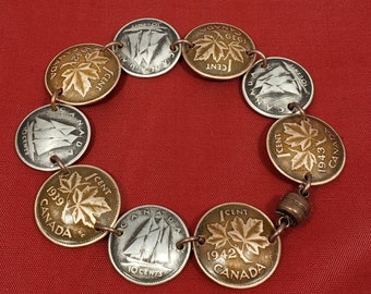 Canadian penny and silver dime bracelet. Mixed metals with a magnetic clasp.