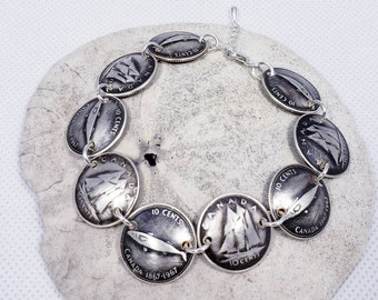 Coin bracelet. Canadian silver dimes. Sterling silver clasp.