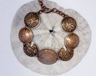 Bracelet pièce de monnaie fait main à partir de vieux centimes canadiens.
