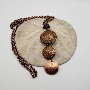 Tri Penny Necklace with 3 different Canadian pennies. copper chain with lobster clasp.