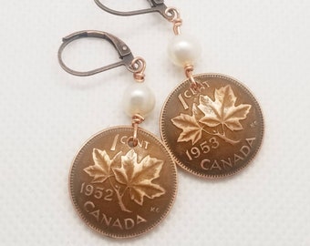 Boucles d'oreilles penny canadien et pierres précieuses. Fait main. Commande personnalisée.