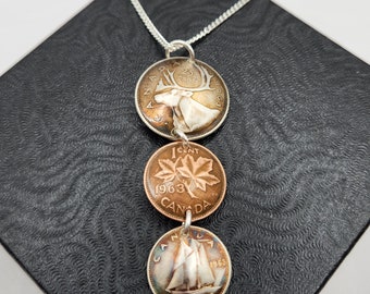 Triple coin necklace made with old Canadian coins.