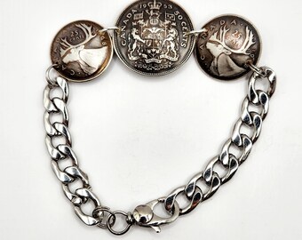 Mens coin bracelet handmade from silver Canadian coins.