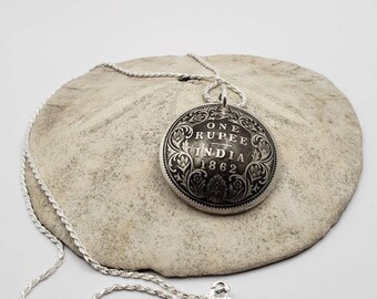 Silver coin necklace. Pendant handmade from an 1862 Indian rupee.