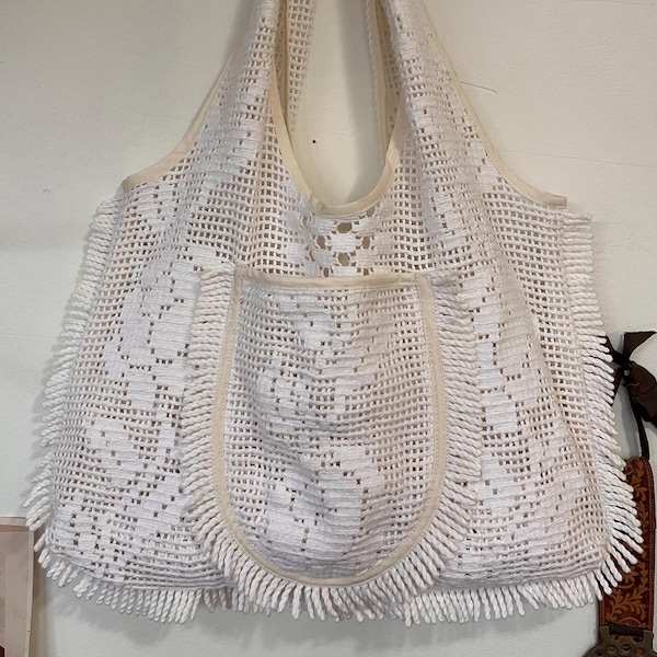 Handmade upcycled filet lace market tote bag off white fringe