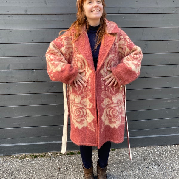 Handmade Upcycled Dusty Rose/Cream Wool Blanket Coat