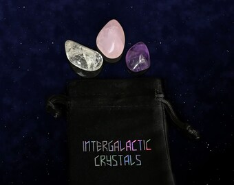 Set of 3 Crystals: Amethyst, Rose Quartz, Clear Quartz Tumbled Stones, Gothic Home Decor, Crystal Bundle, Crystal Gift, Altar Stones