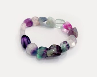 Fluorite Crystal Bracelet, Healing Bracelet, Rainbow Fluorite Jewelry, Fluorite Tumbled Stone Bracelet, Chakra Jewelry, Yoga Bracelet