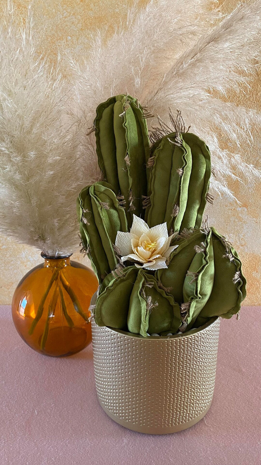 Composition of 5 Velvet Cacti in a Gold Ceramic Vase Home Etsy