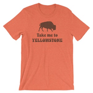 May include: Orange short-sleeved t-shirt with a brown silhouette of a bison and the text "Take me to Yellowstone" in brown.