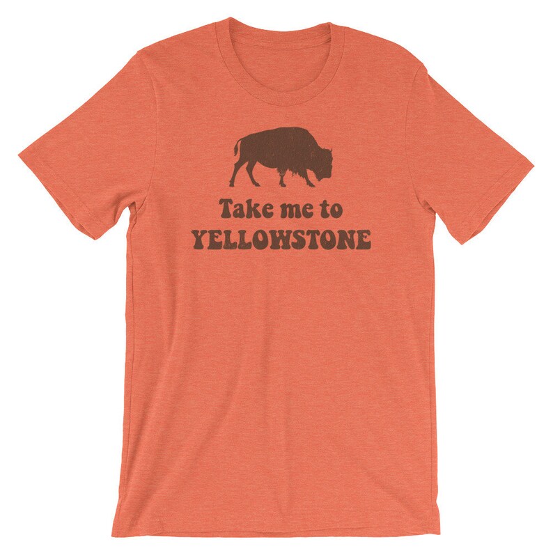 May include: Orange short-sleeved t-shirt with a brown silhouette of a bison and the text "Take me to Yellowstone" in brown.