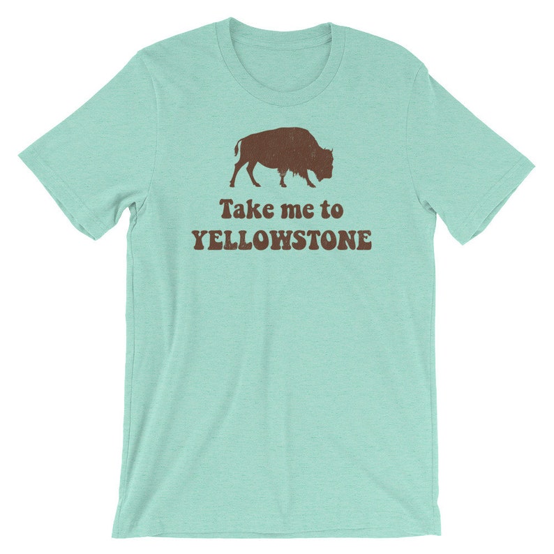 May include: A light blue t-shirt with a brown silhouette of a bison and the text "Take me to Yellowstone" in brown.