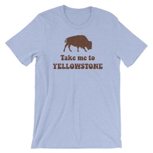 May include: Light blue t-shirt with a brown silhouette of a bison and the text "Take me to Yellowstone" in brown.
