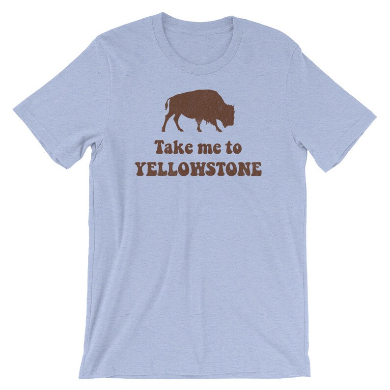 May include: Light blue t-shirt with a brown silhouette of a bison and the text "Take me to Yellowstone" in brown.