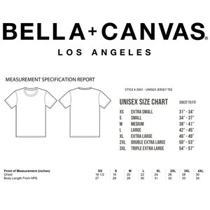 May include: A size chart for unisex jersey tees from Bella + Canvas, a clothing brand based in Los Angeles. The chart shows chest measurements in inches for sizes XS to 4XL.